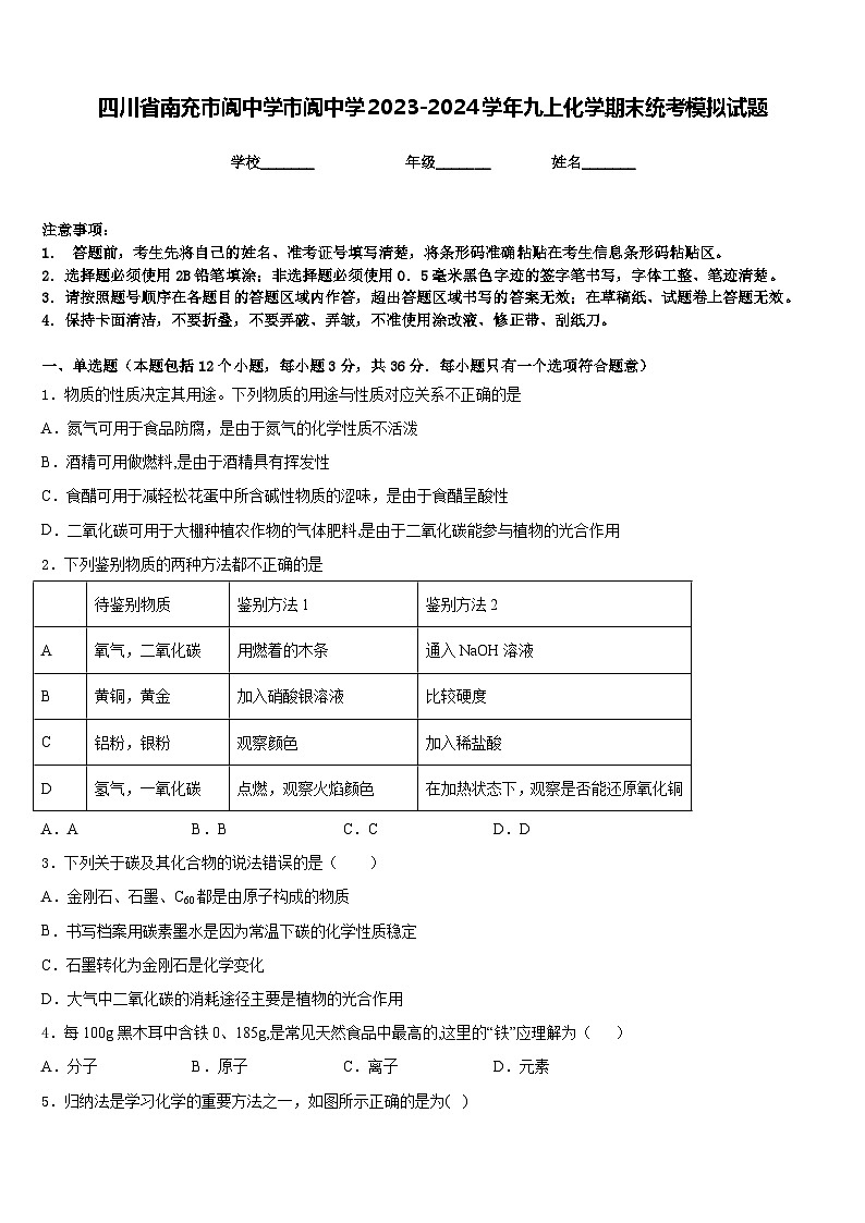 四川省南充市阆中学市阆中学2023-2024学年九上化学期末统考模拟试题含答案第1页