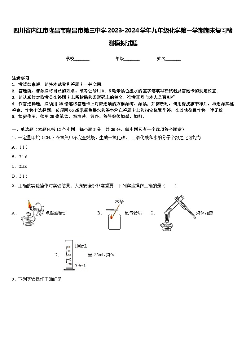 四川省内江市隆昌市隆昌市第三中学2023-2024学年九年级化学第一学期期末复习检测模拟试题含答案第1页