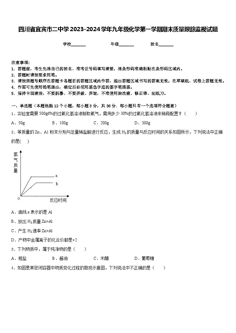 四川省宜宾市二中学2023-2024学年九年级化学第一学期期末质量跟踪监视试题含答案第1页
