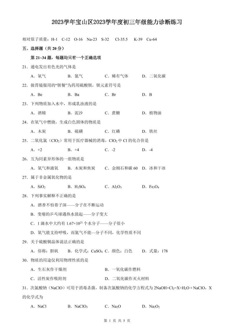 2024年上海市宝山区中考化学一模试卷含答案01