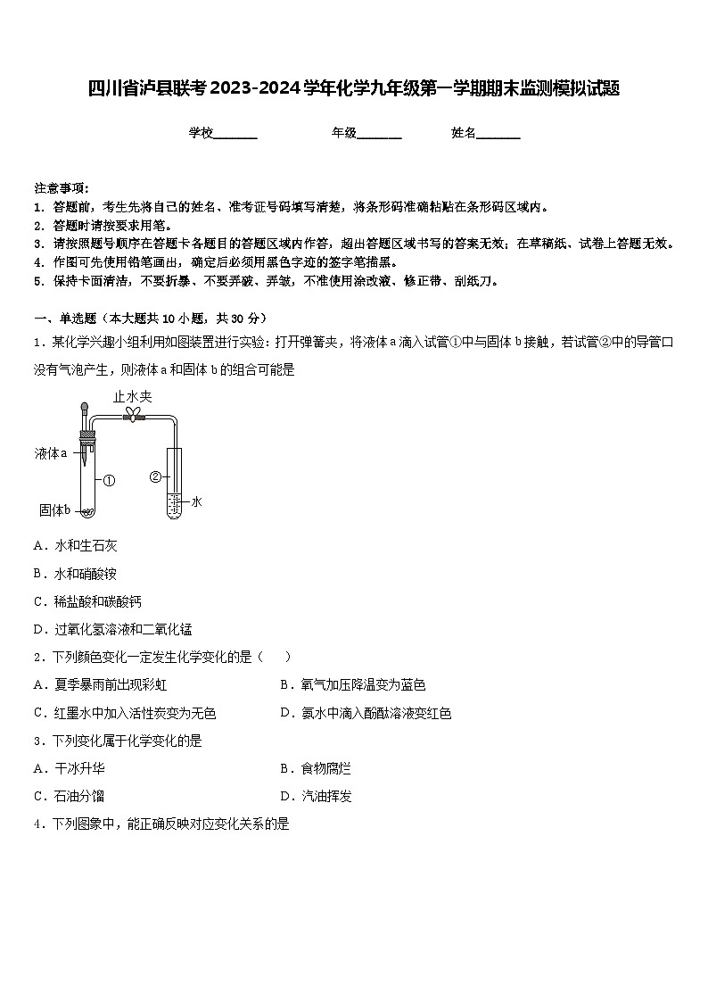 四川省泸县联考2023-2024学年化学九年级第一学期期末监测模拟试题含答案01