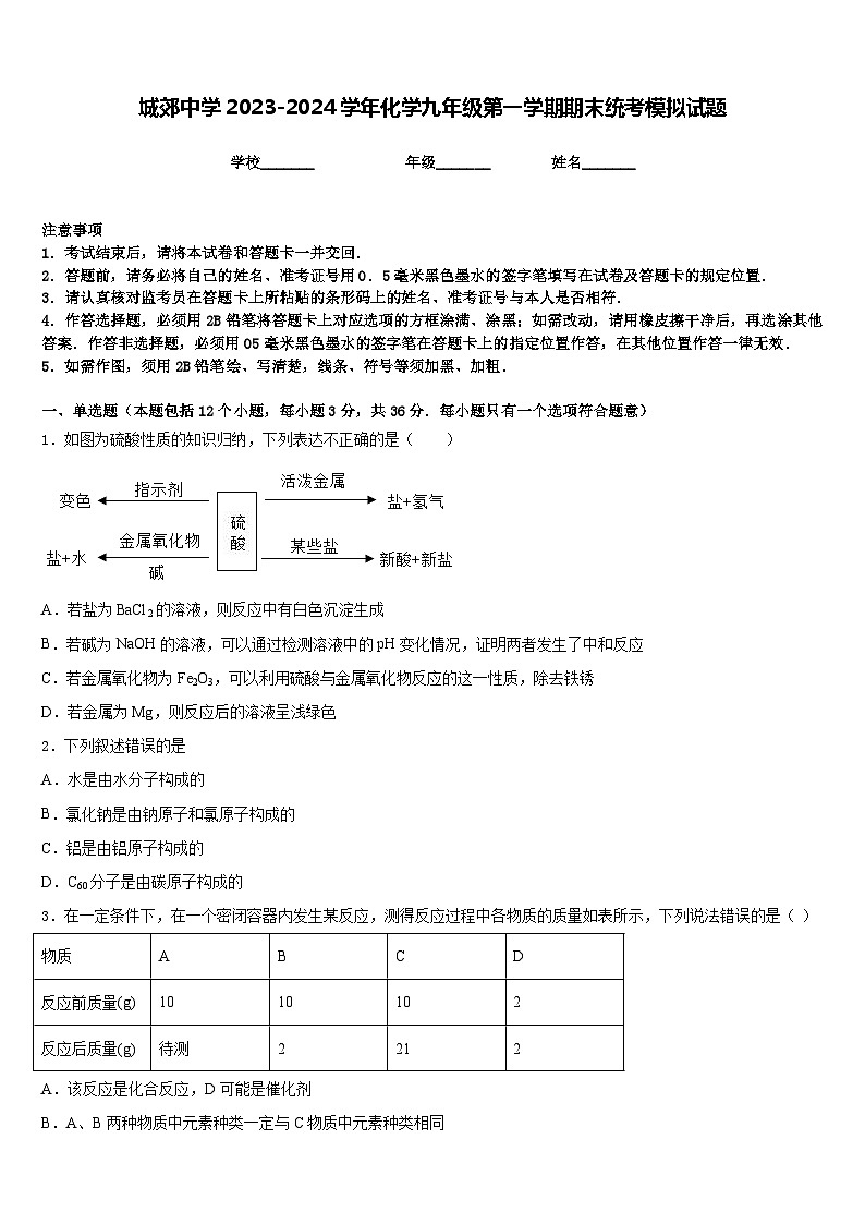 城郊中学2023-2024学年化学九年级第一学期期末统考模拟试题含答案01