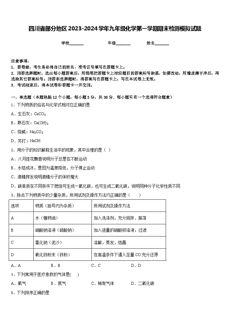 四川省部分地区2023-2024学年九年级化学第一学期期末检测模拟试题含答案第1页