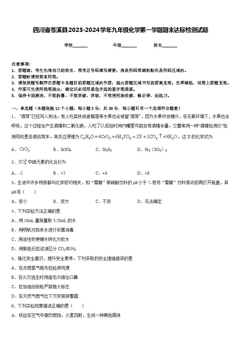 四川省苍溪县2023-2024学年九年级化学第一学期期末达标检测试题含答案第1页