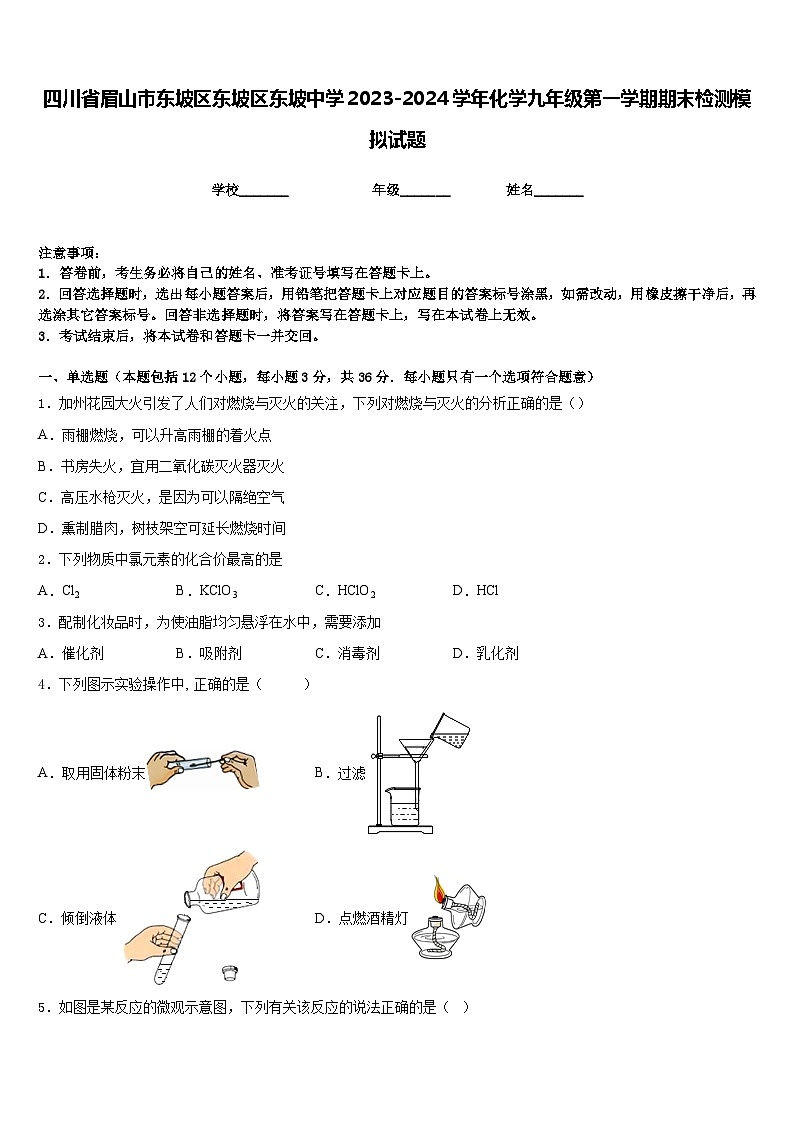 四川省眉山市东坡区东坡区东坡中学2023-2024学年化学九年级第一学期期末检测模拟试题含答案第1页