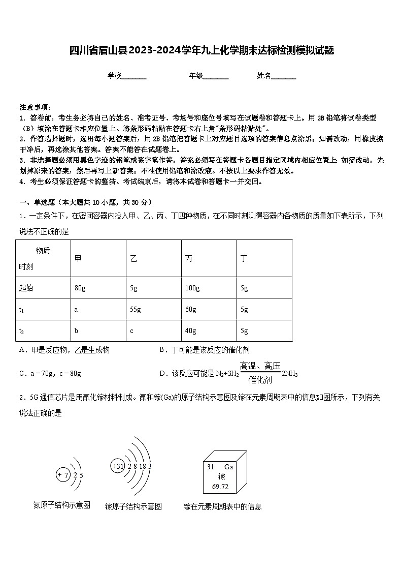 四川省眉山县2023-2024学年九上化学期末达标检测模拟试题含答案第1页