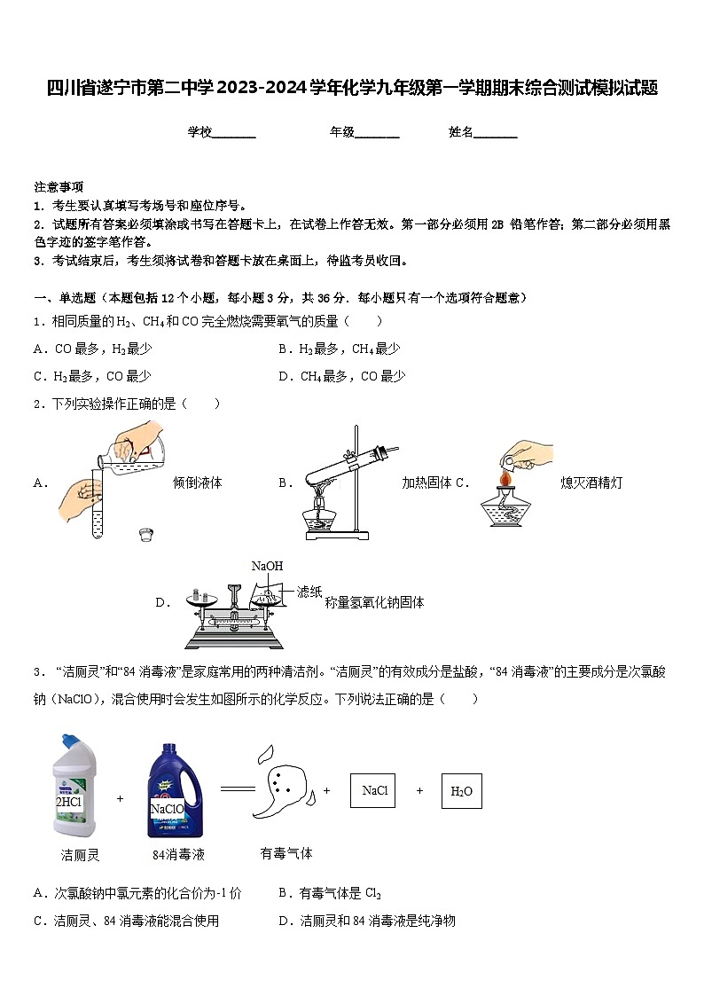 四川省遂宁市第二中学2023-2024学年化学九年级第一学期期末综合测试模拟试题含答案第1页