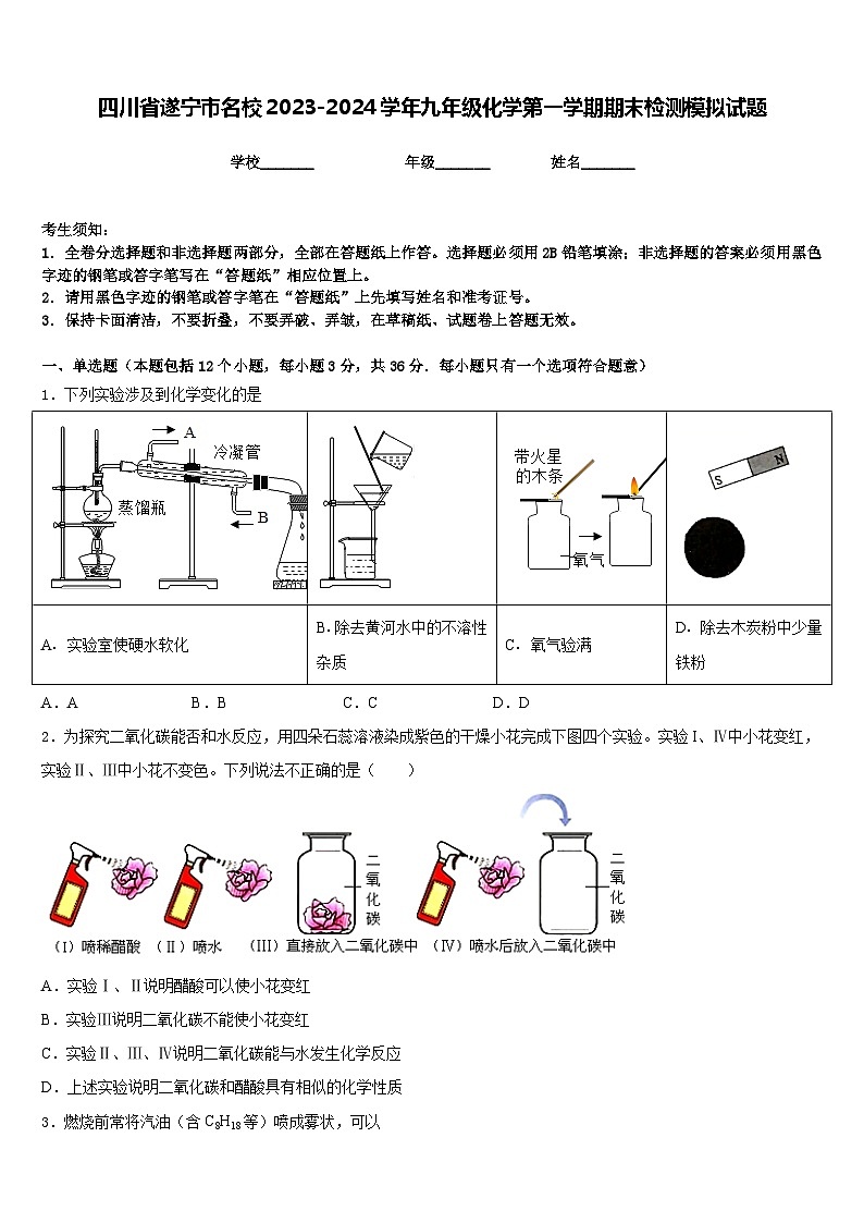 四川省遂宁市名校2023-2024学年九年级化学第一学期期末检测模拟试题含答案第1页