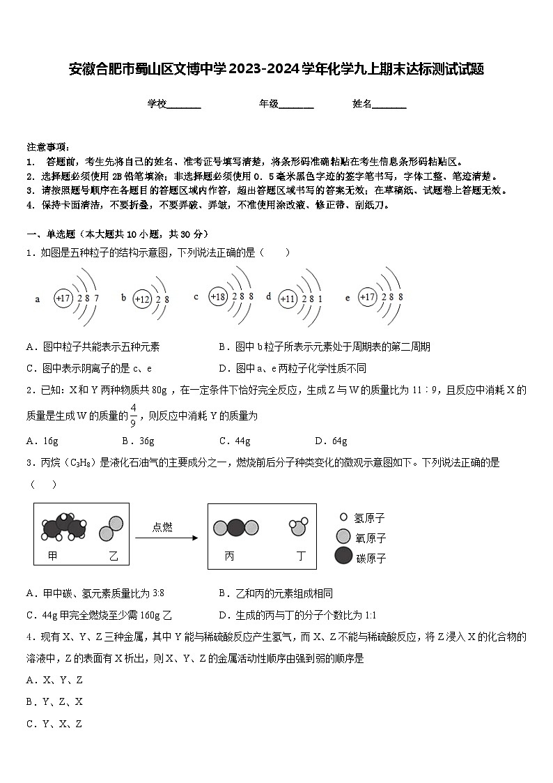 安徽合肥市蜀山区文博中学2023-2024学年化学九上期末达标测试试题含答案第1页