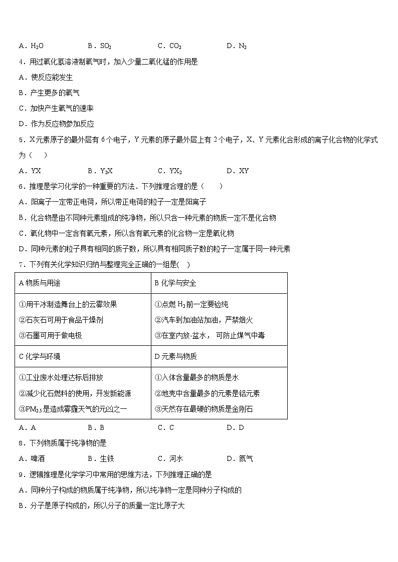 安徽省亳州市涡阳县王元中学2023-2024学年化学九上期末考试模拟试题含答案第2页