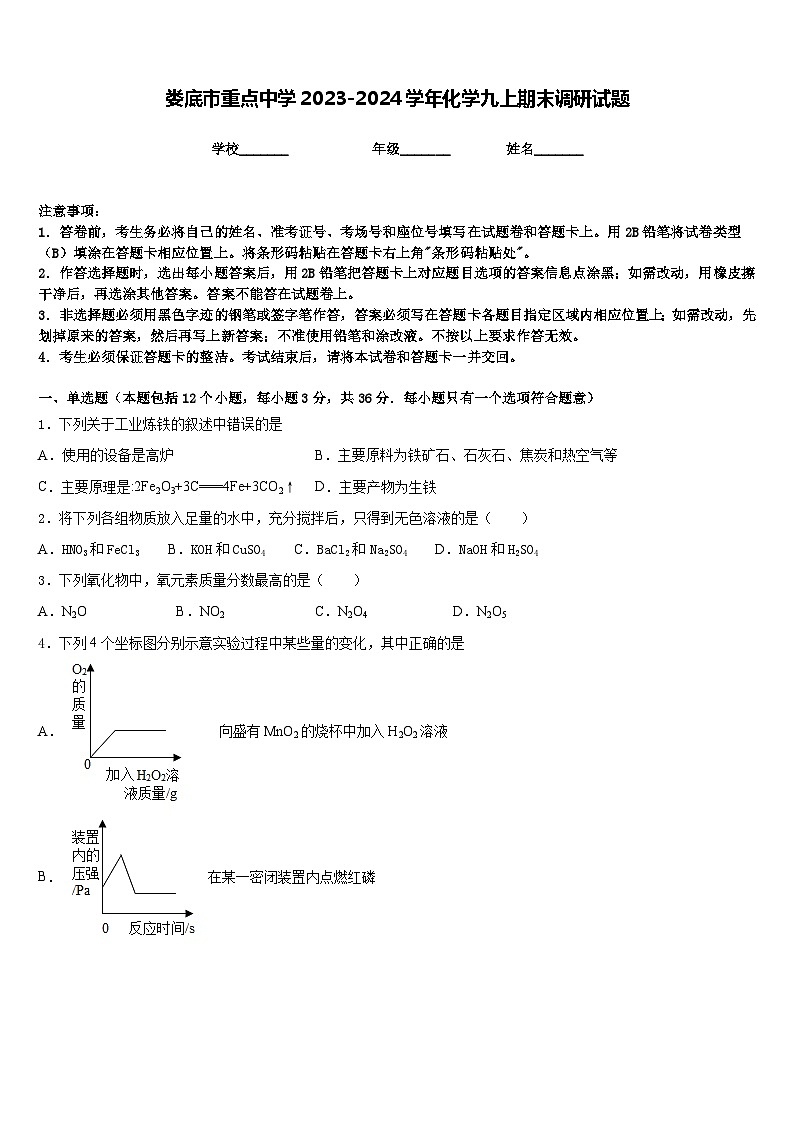 娄底市重点中学2023-2024学年化学九上期末调研试题含答案01