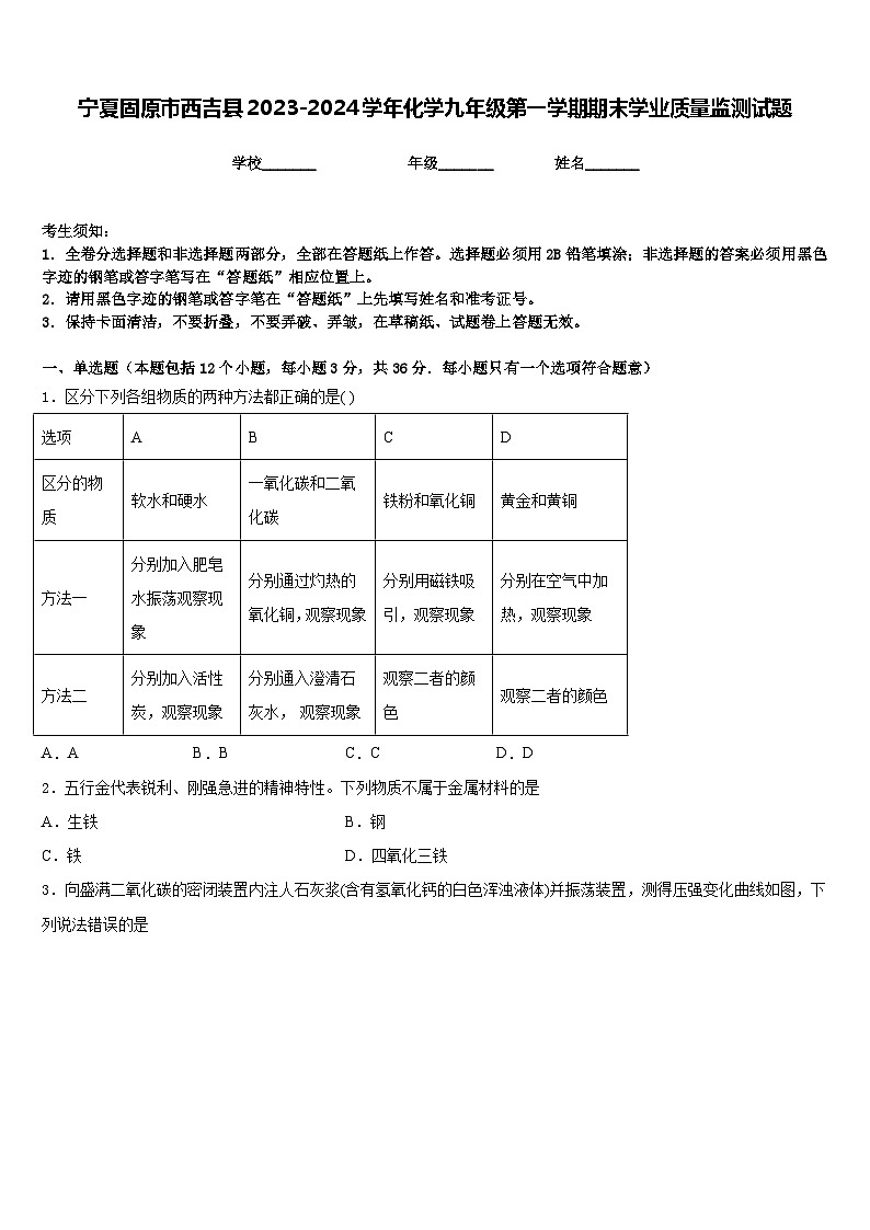 宁夏固原市西吉县2023-2024学年化学九年级第一学期期末学业质量监测试题含答案第1页