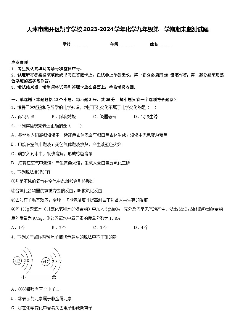 天津市南开区翔宇学校2023-2024学年化学九年级第一学期期末监测试题含答案第1页