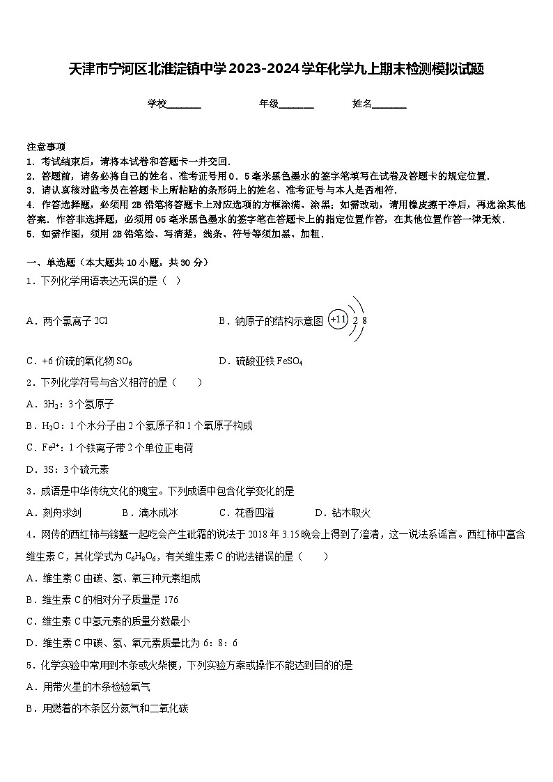 天津市宁河区北淮淀镇中学2023-2024学年化学九上期末检测模拟试题含答案01
