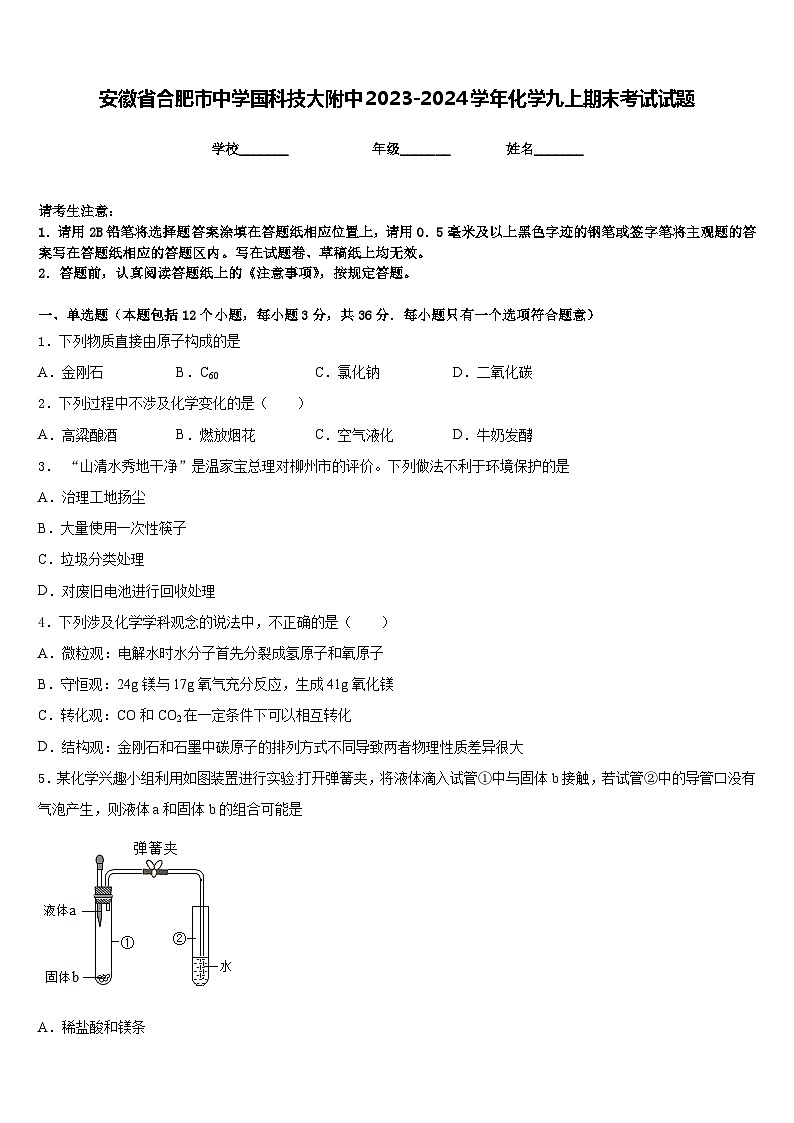 安徽省合肥市中学国科技大附中2023-2024学年化学九上期末考试试题含答案第1页