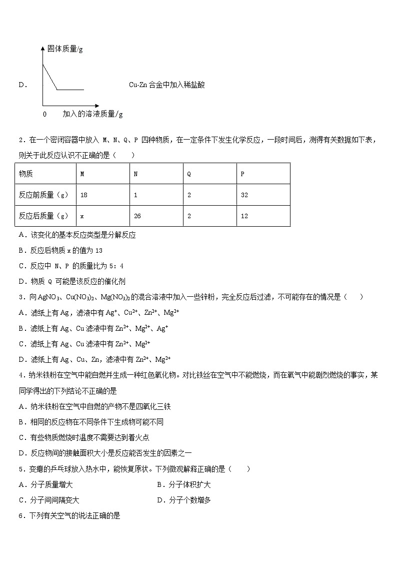 安徽蚌埠铁路中学2023-2024学年九上化学期末达标测试试题含答案02