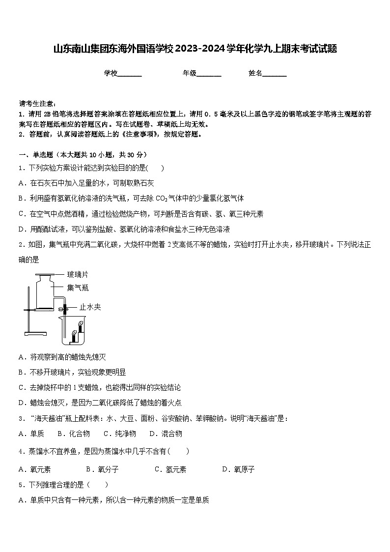 山东南山集团东海外国语学校2023-2024学年化学九上期末考试试题含答案第1页