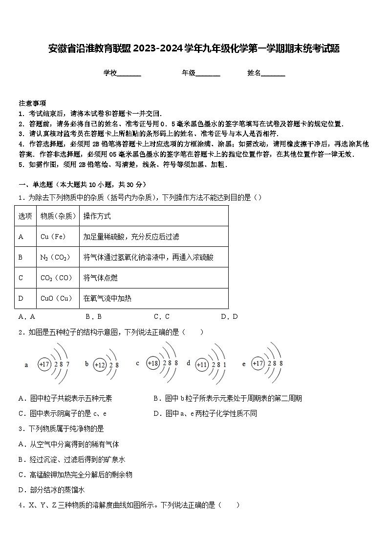 安徽省沿淮教育联盟2023-2024学年九年级化学第一学期期末统考试题含答案第1页