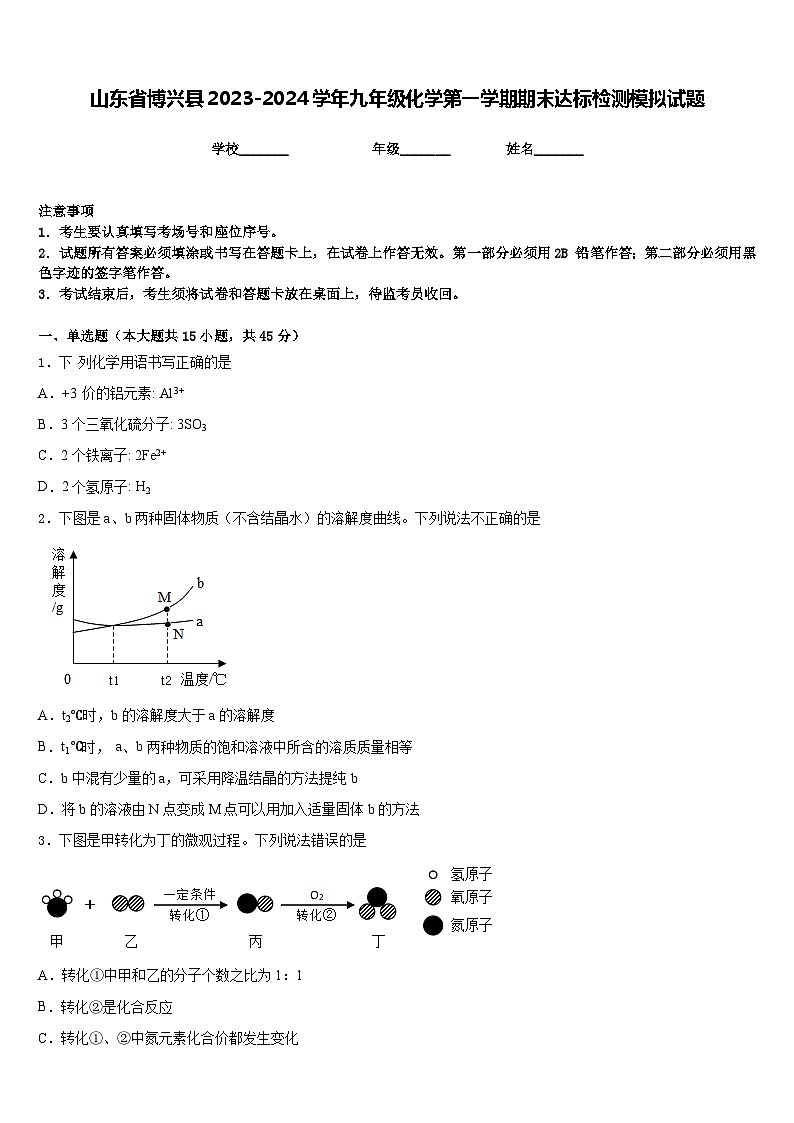 山东省博兴县2023-2024学年九年级化学第一学期期末达标检测模拟试题含答案01