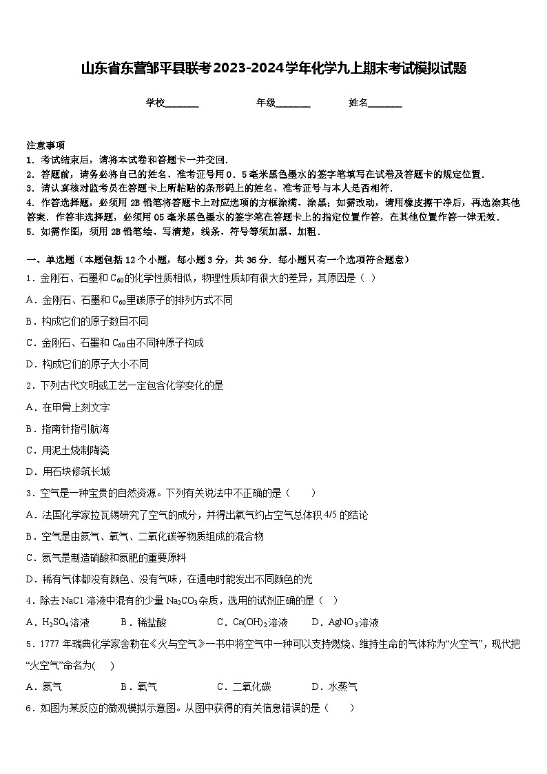 山东省东营邹平县联考2023-2024学年化学九上期末考试模拟试题含答案第1页
