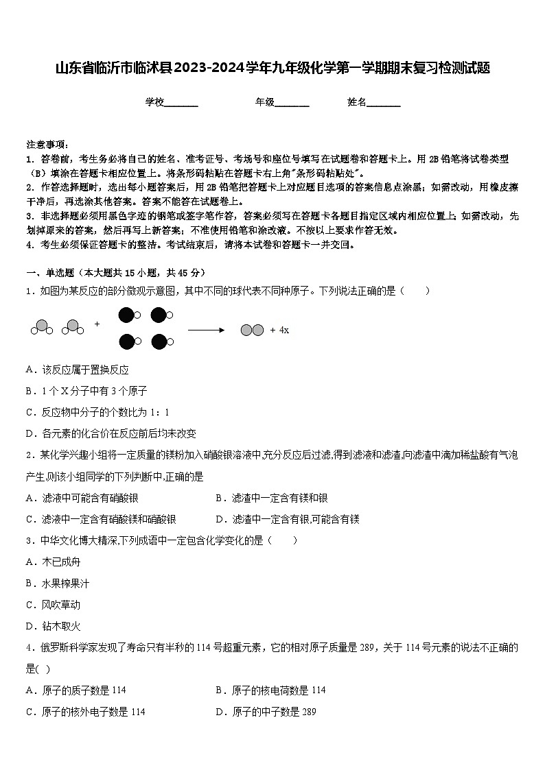 山东省临沂市临沭县2023-2024学年九年级化学第一学期期末复习检测试题含答案第1页