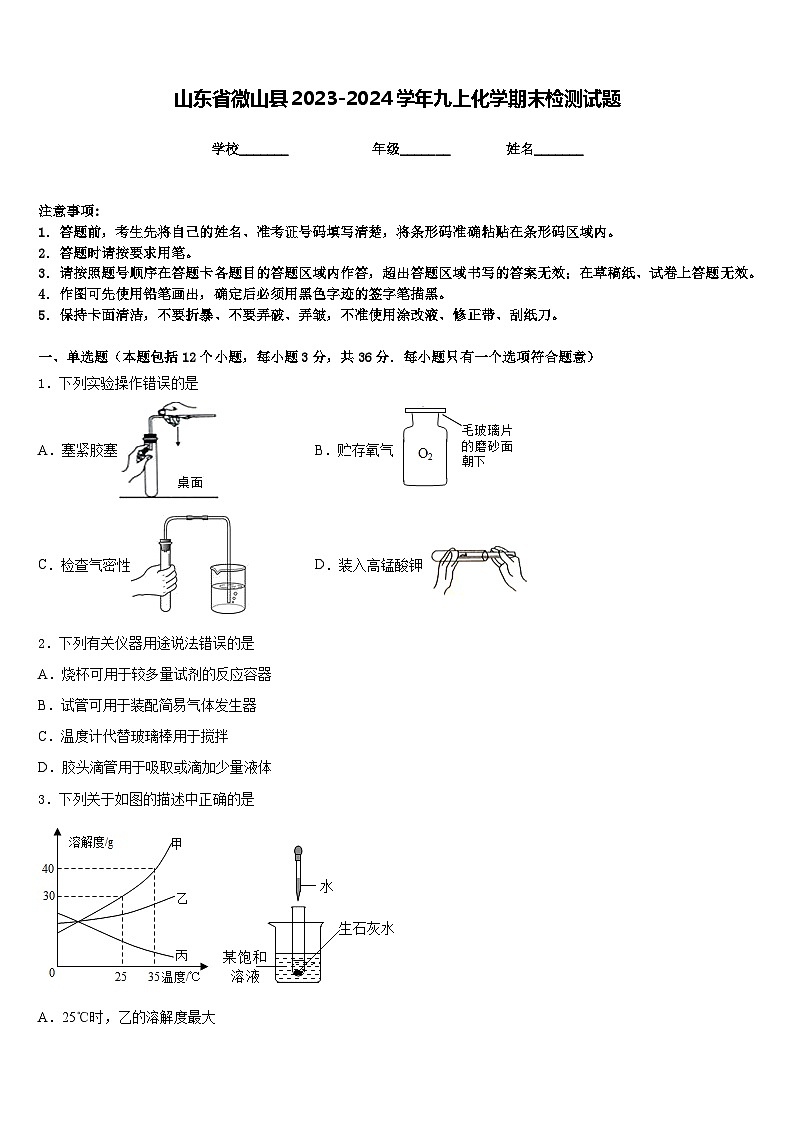 山东省微山县2023-2024学年九上化学期末检测试题含答案01