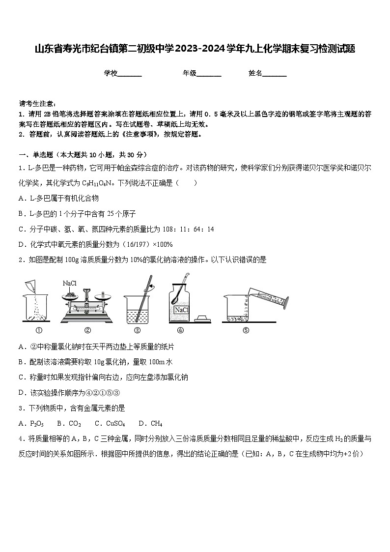 山东省寿光市纪台镇第二初级中学2023-2024学年九上化学期末复习检测试题含答案第1页