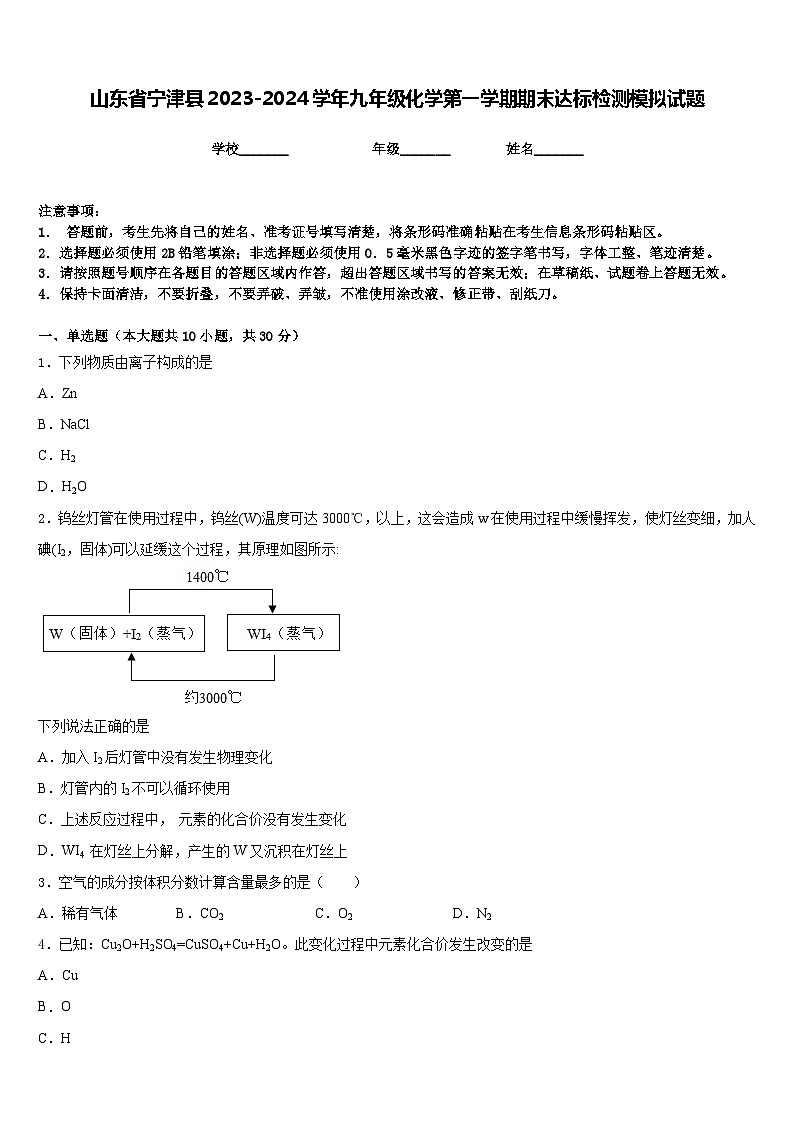 山东省宁津县2023-2024学年九年级化学第一学期期末达标检测模拟试题含答案第1页