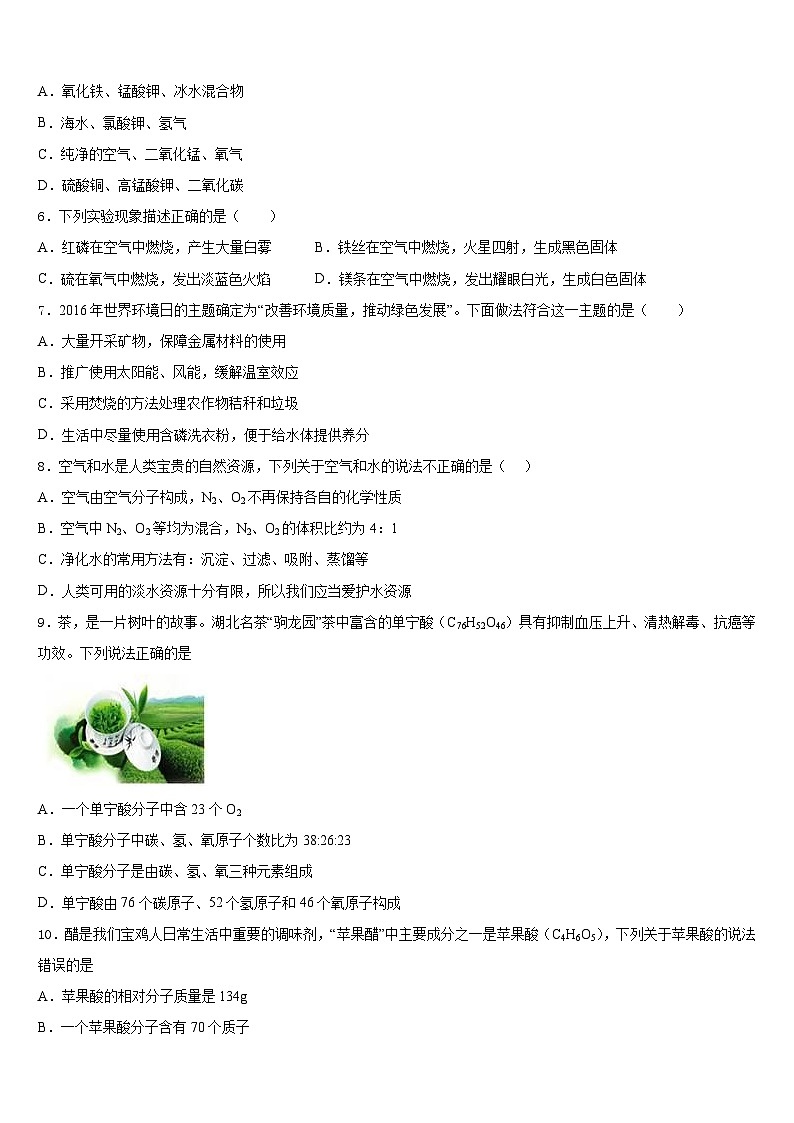 山东省平邑县2023-2024学年化学九年级第一学期期末综合测试模拟试题含答案第2页