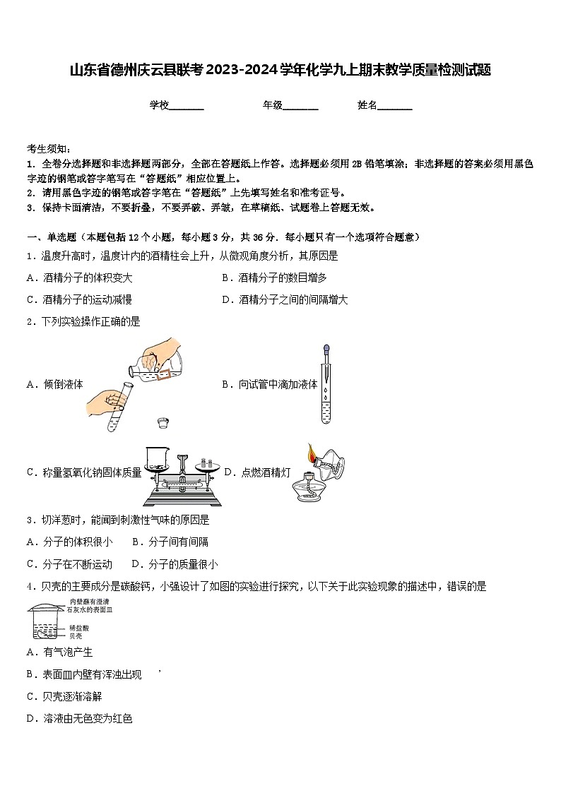 山东省德州庆云县联考2023-2024学年化学九上期末教学质量检测试题含答案01