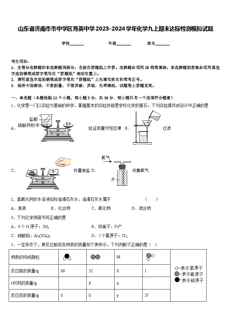 山东省济南市市中学区育英中学2023-2024学年化学九上期末达标检测模拟试题含答案第1页