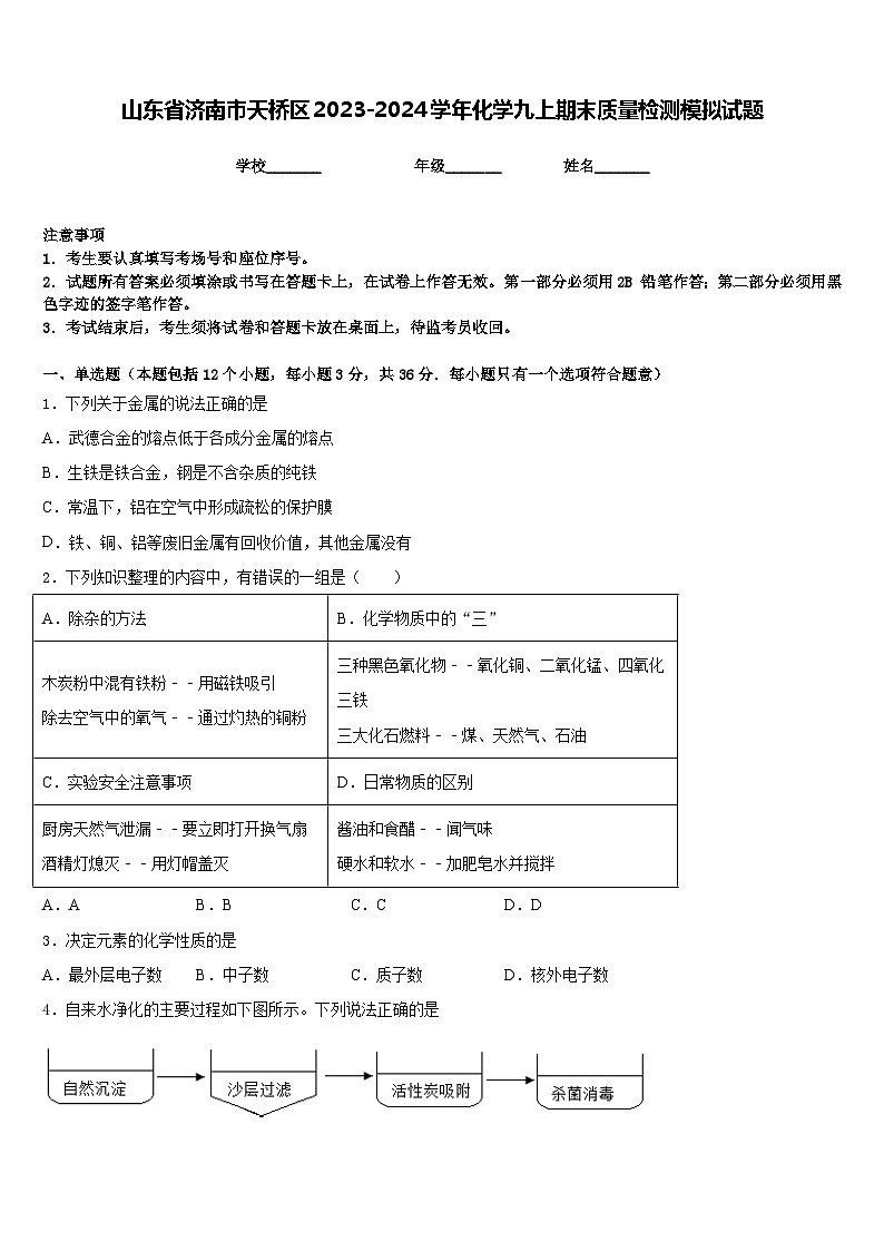 山东省济南市天桥区2023-2024学年化学九上期末质量检测模拟试题含答案第1页