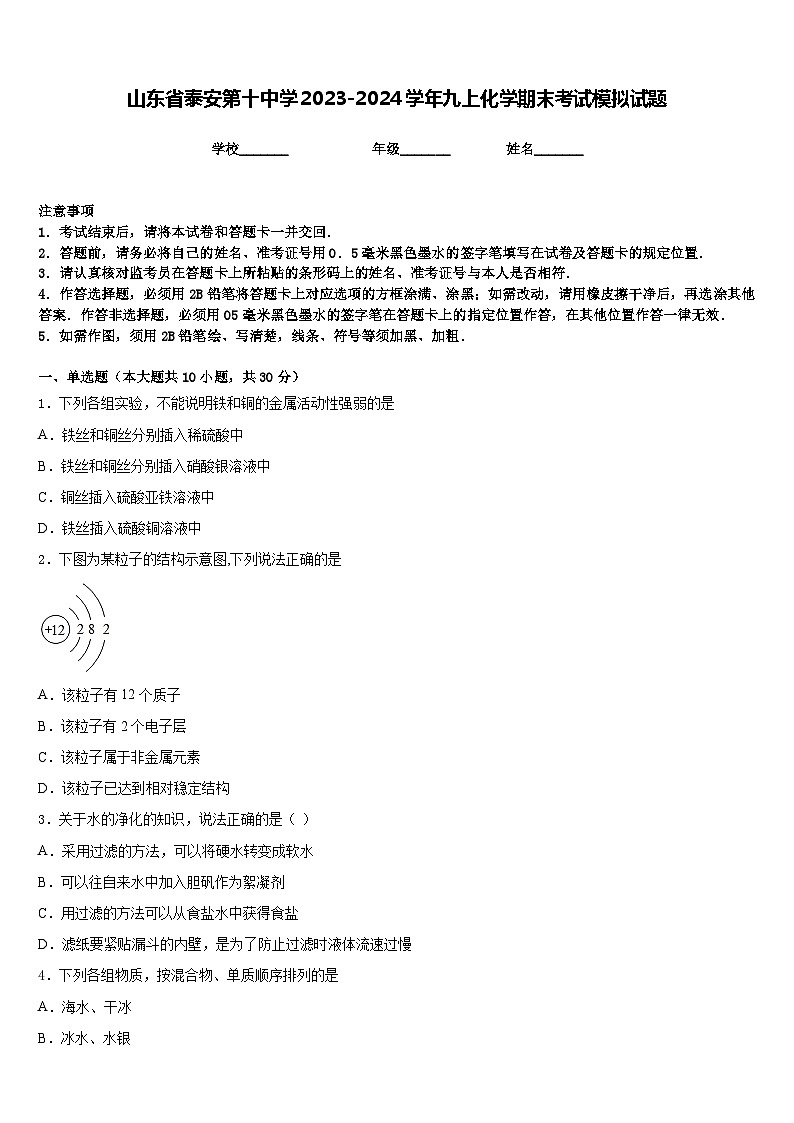 山东省泰安第十中学2023-2024学年九上化学期末考试模拟试题含答案第1页