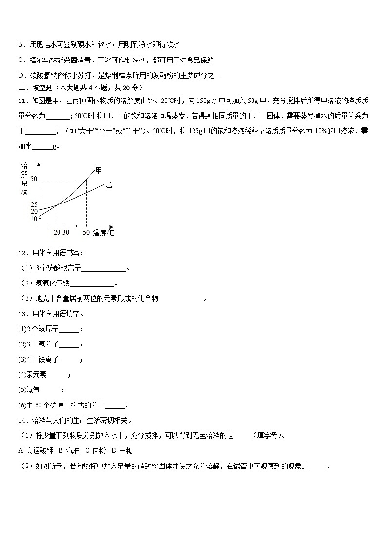 山东省泰安第十中学2023-2024学年九上化学期末考试模拟试题含答案第3页