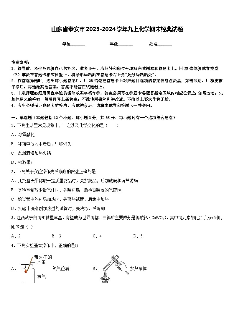山东省泰安市2023-2024学年九上化学期末经典试题含答案第1页