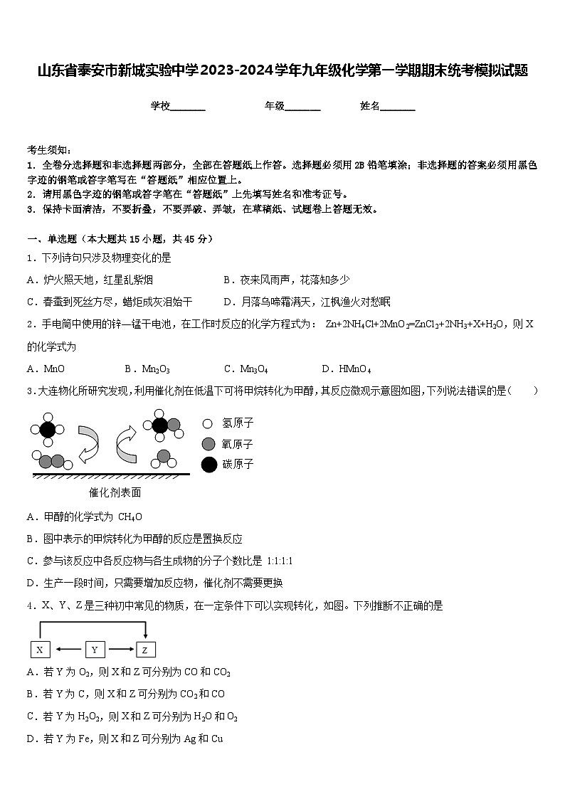 山东省泰安市新城实验中学2023-2024学年九年级化学第一学期期末统考模拟试题含答案第1页