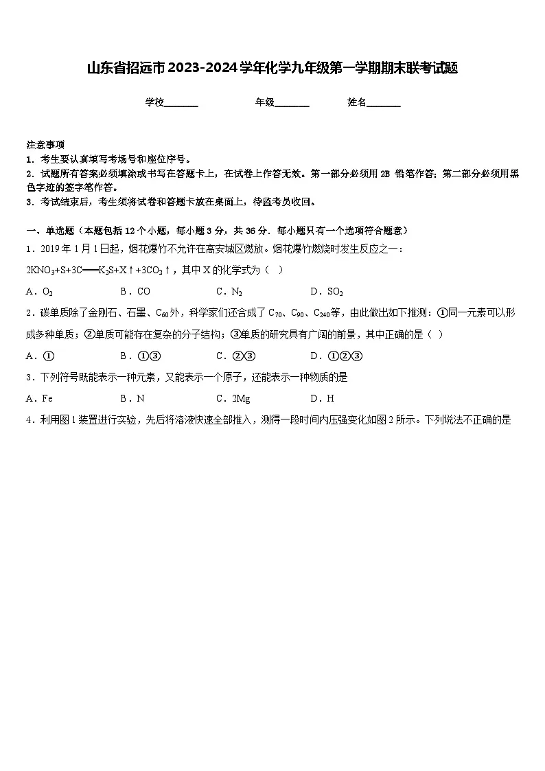 山东省招远市2023-2024学年化学九年级第一学期期末联考试题含答案第1页