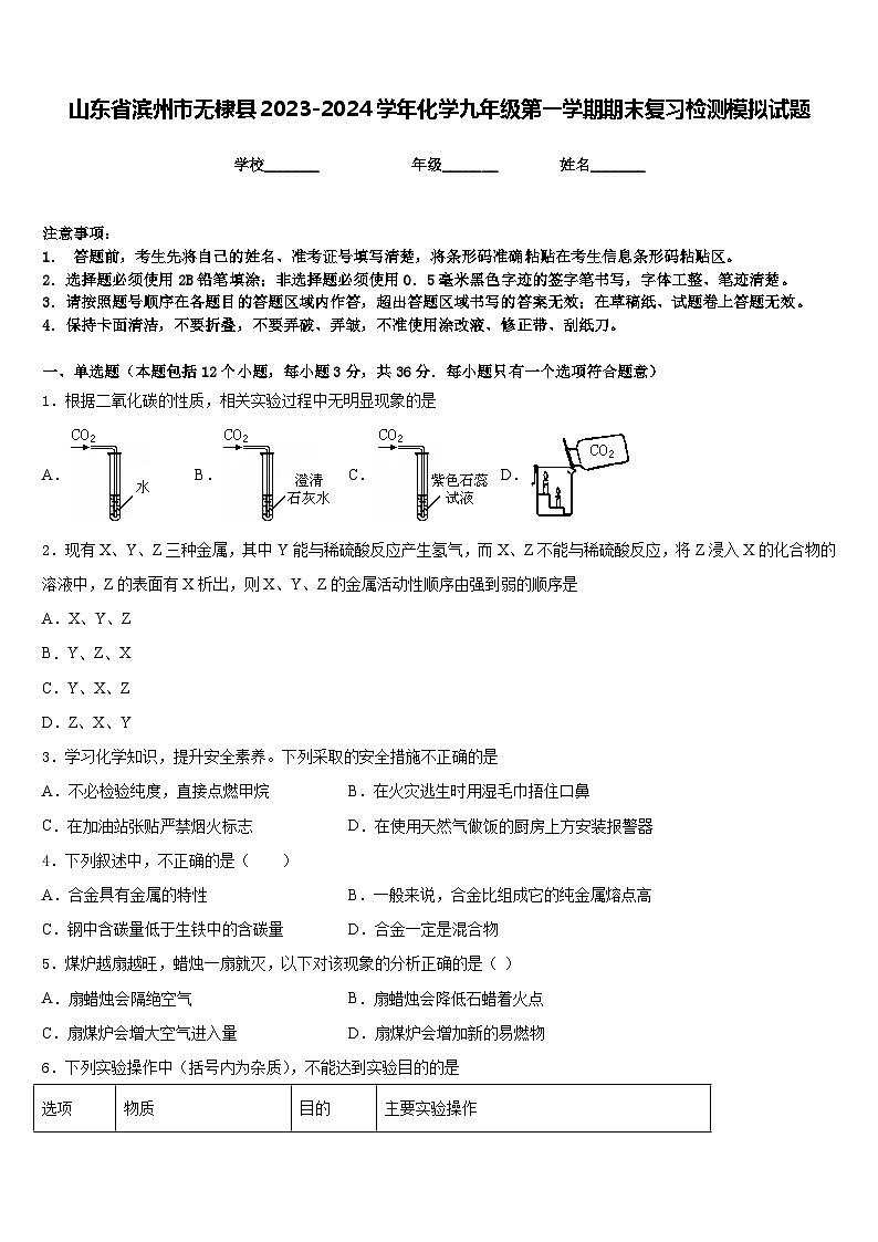山东省滨州市无棣县2023-2024学年化学九年级第一学期期末复习检测模拟试题含答案第1页