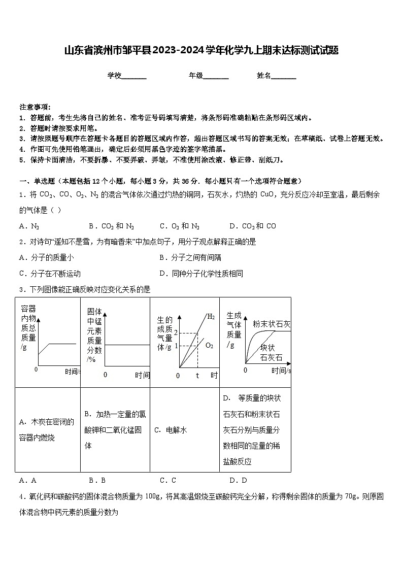 山东省滨州市邹平县2023-2024学年化学九上期末达标测试试题含答案01
