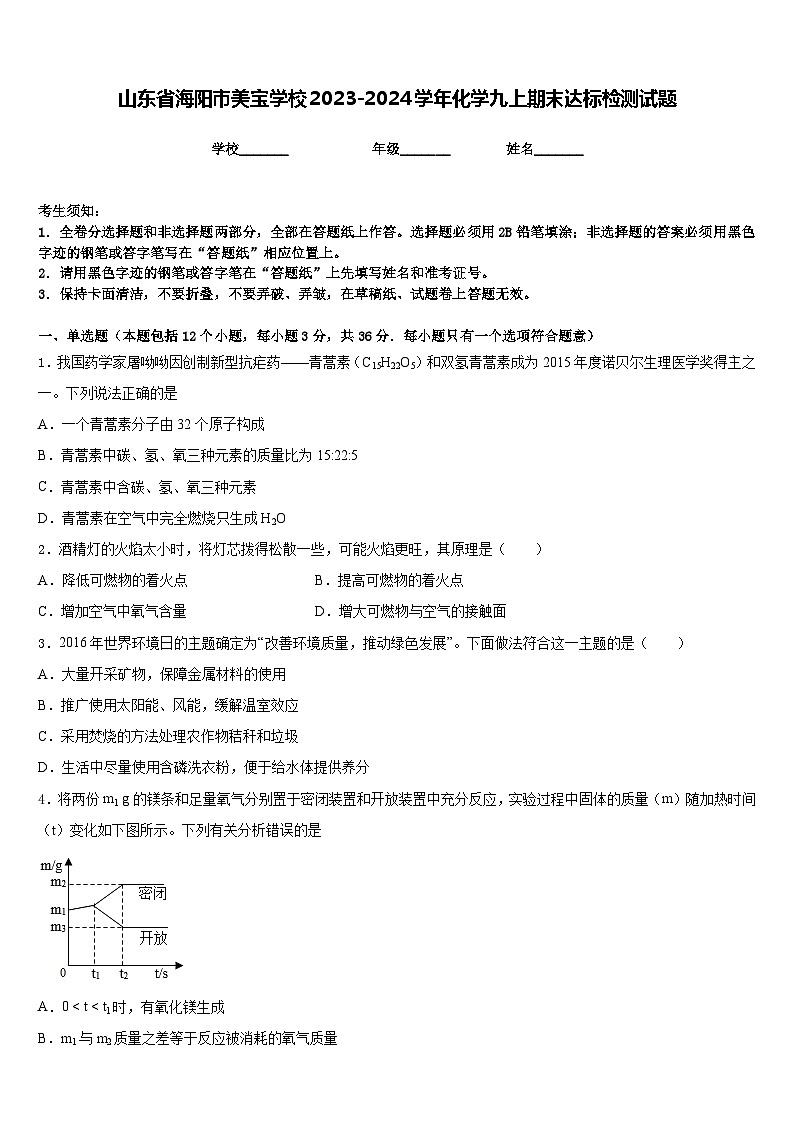 山东省海阳市美宝学校2023-2024学年化学九上期末达标检测试题含答案第1页