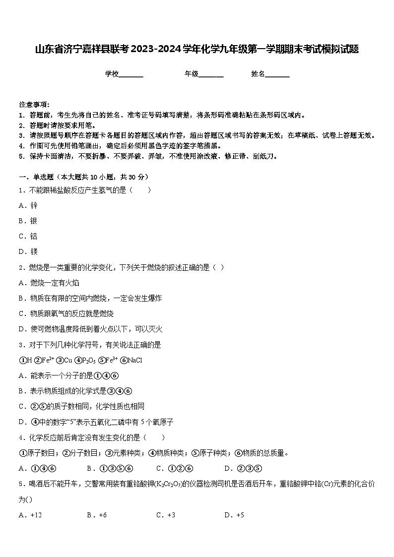 山东省济宁嘉祥县联考2023-2024学年化学九年级第一学期期末考试模拟试题含答案第1页