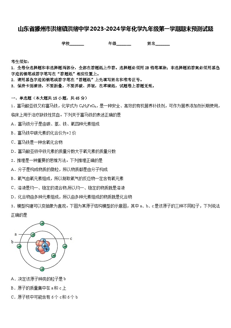 山东省滕州市洪绪镇洪绪中学2023-2024学年化学九年级第一学期期末预测试题含答案01