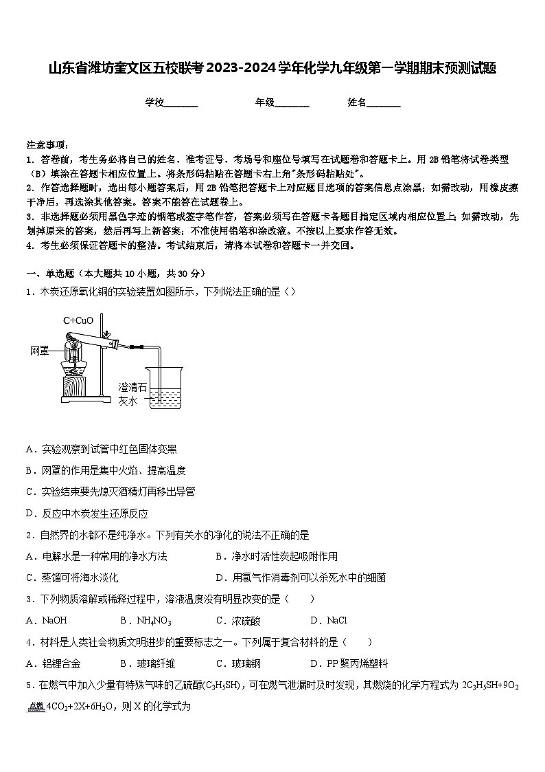 山东省潍坊奎文区五校联考2023-2024学年化学九年级第一学期期末预测试题含答案第1页