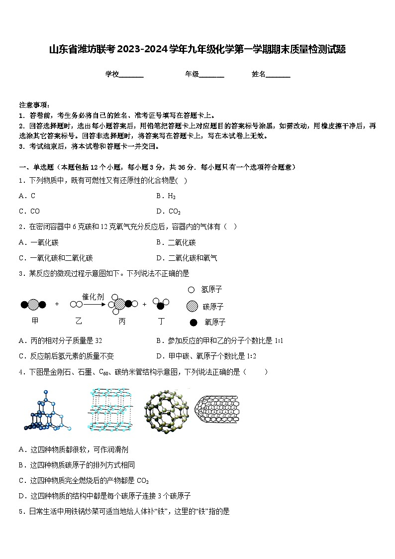 山东省潍坊联考2023-2024学年九年级化学第一学期期末质量检测试题含答案第1页