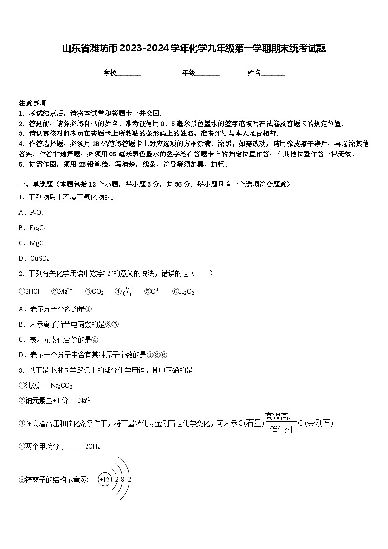 山东省潍坊市2023-2024学年化学九年级第一学期期末统考试题含答案01