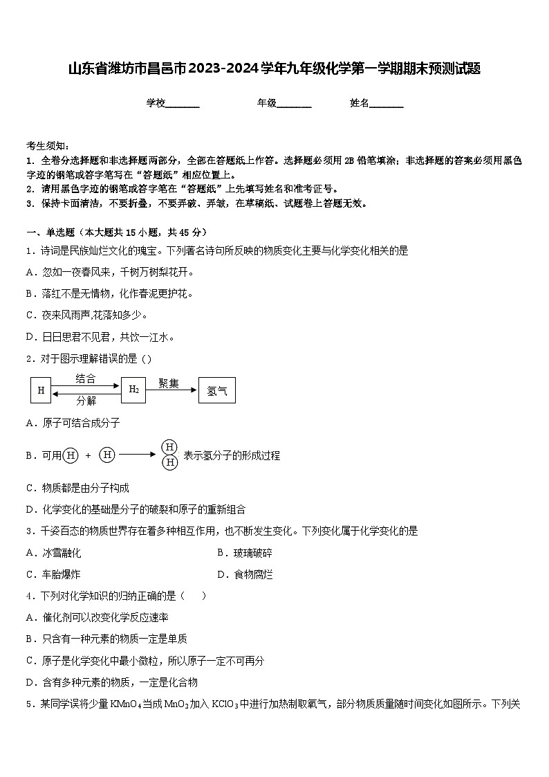 山东省潍坊市昌邑市2023-2024学年九年级化学第一学期期末预测试题含答案第1页