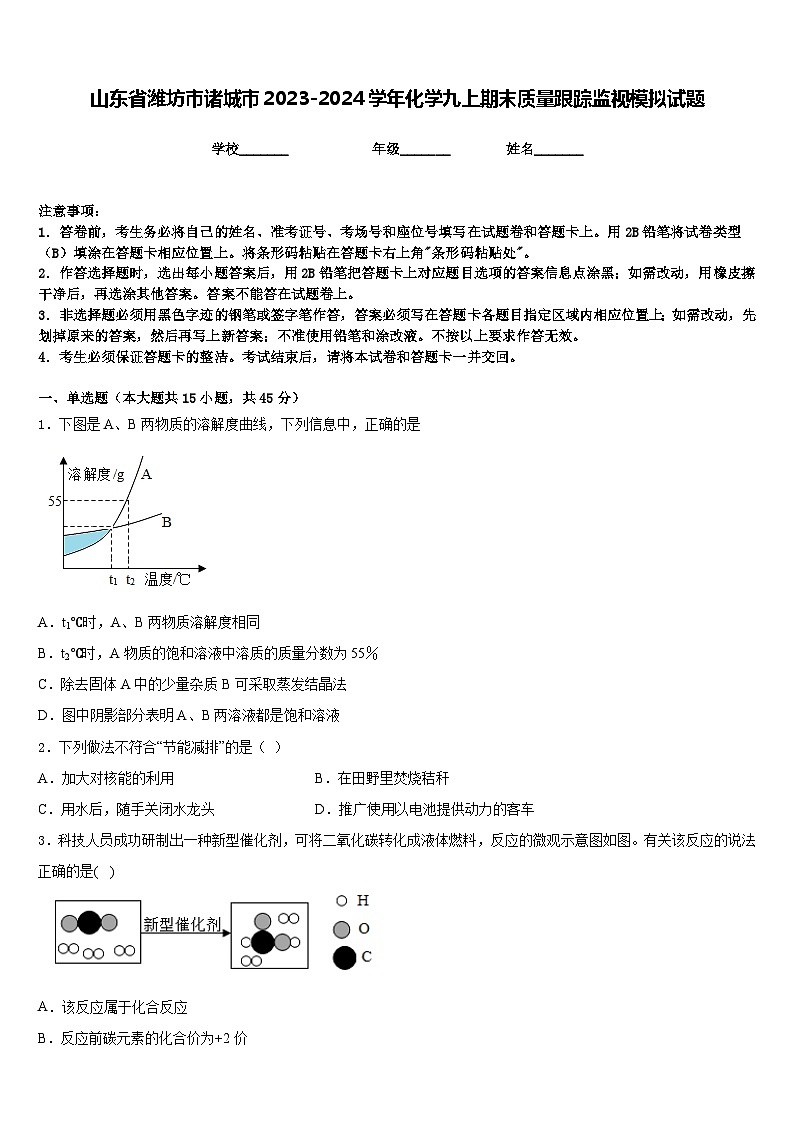 山东省潍坊市诸城市2023-2024学年化学九上期末质量跟踪监视模拟试题含答案01