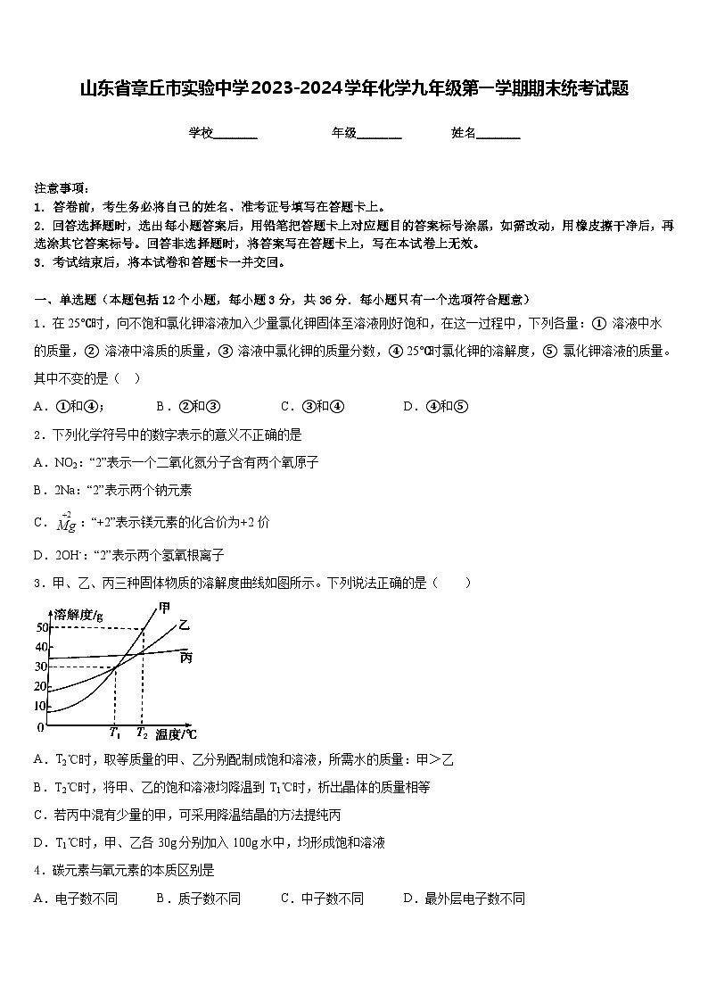 山东省章丘市实验中学2023-2024学年化学九年级第一学期期末统考试题含答案第1页