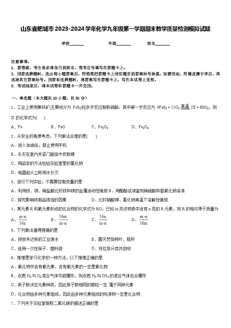 山东省肥城市2023-2024学年化学九年级第一学期期末教学质量检测模拟试题含答案第1页