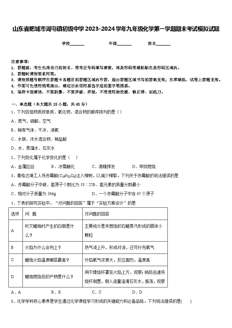 山东省肥城市湖屯镇初级中学2023-2024学年九年级化学第一学期期末考试模拟试题含答案第1页